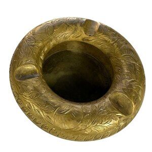 Vintage Brass Ashtray India Etched Floral Round Cigarette Holder Home Decor